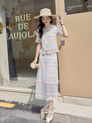 法式轻奢蕾丝拼接套装裙女2025夏季新款撞色洋气绝美小香风两件套