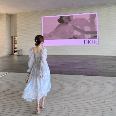 ByYou2025新款早春青花瓷系列高级感气质碎花连衣裙收腰长款a字裙