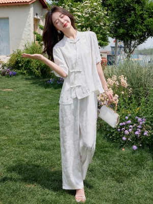 新中式国风冰丝超火套装女2025夏季新款高端刺绣提花阔腿裤两件套