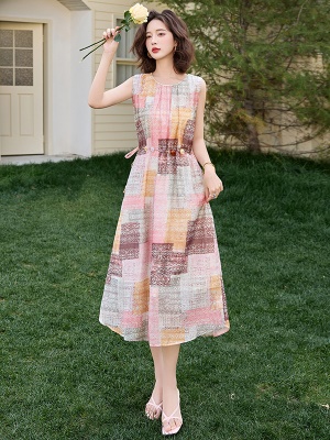 法式印花无袖天丝连衣裙女2025夏新款气质独特串珠掐腰波西米亚裙