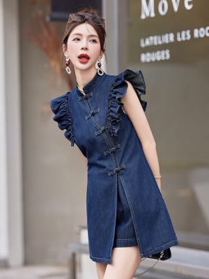 新中式国风牛仔套装女2025夏季新款时尚复古盘扣小飞袖短裤两件套