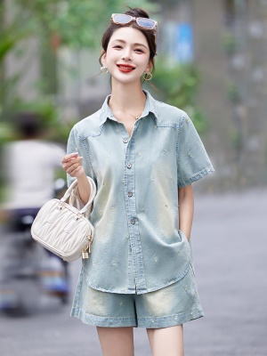 欧货干练气质短裤套装女夏2025新款流行炸街薄款水洗棉牛仔两件套