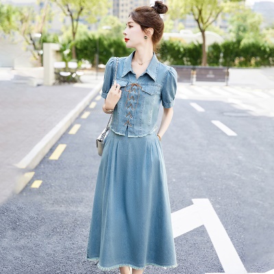 欧货漂亮牛仔两件套裙装女夏新款休闲炸街成套搭配减龄小香风套装