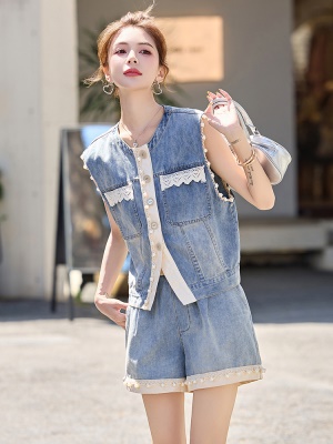 欧货小香风牛仔马甲套装女2025年夏季新款蕾丝拼色短裤爆款两件套