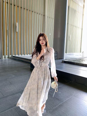 ByYou 夏季新款金线刺绣雪纺碎花连衣裙高级感灯笼袖露腰仙女长裙