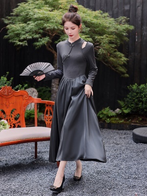 新中式国风长袖连衣裙女2023秋天新款修身显身材高贵洋气漂亮长裙