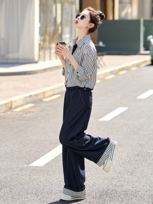 时尚休闲条纹衬衫套装女2025春秋新款洋气减龄牛仔阔腿裤两件套潮