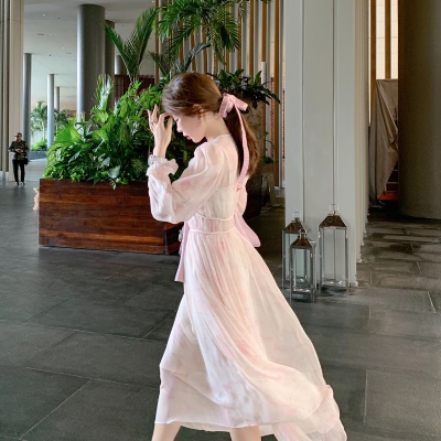 ByYou 2025春季新款高级感v领粉色水墨碎花连衣裙长款收腰仙女裙