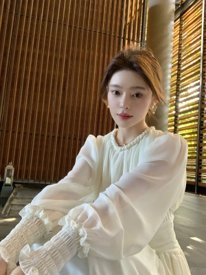 ByYou 夏季新款绝美长袖露背白色雪纺连衣裙收腰大摆长裙仙女裙子