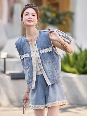 欧货小香风牛仔马甲套装女2025年夏季新款蕾丝拼色短裤爆款两件套