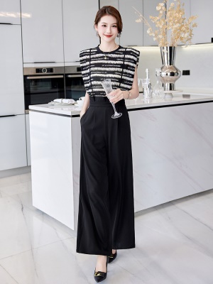 欧货印花T恤炸街套装女2025夏新款吊带阔腿背带裤时尚职业两件套