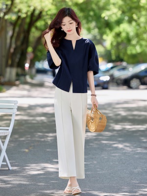 职业无领灯笼袖衬衫套装女2025夏季新款气质显瘦极简老钱风两件套