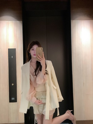 ByYou 夏季白色高腰半身裙女设计感抽皱网纱拼接显瘦包臀短裙子