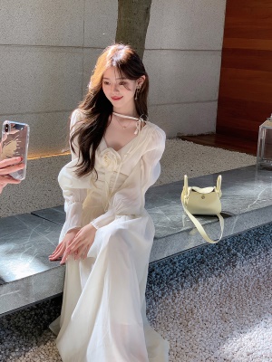 ByYou 夏季新款法式薄纱灯笼袖白色天丝连衣裙气质长款V领掐腰裙