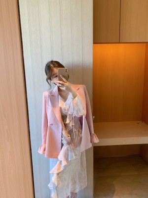 ByYou夏季粉色V领碎花雪纺连衣裙女收腰荷叶边中长款裙子含吊带裙