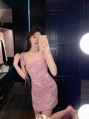 ByYou 秋季新款玫紫色呢子编织吊带连衣裙女气质收腰显瘦短裙子