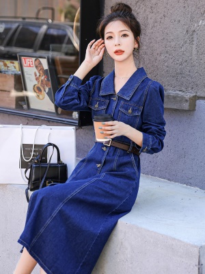法式复古牛仔连衣裙女2025春秋季新款收腰显瘦欧洲站高端衬衫长裙