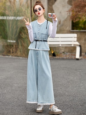 欧货时尚牛仔马甲套装女春装2025新款超火显瘦阔腿裤小个子三件套