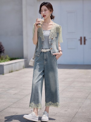 小香风蕾丝套装女2025夏日新款小个子时尚巨好看天丝牛仔三件套裤