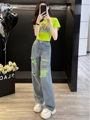 青春活力时尚套装女夏季新款多巴胺显高短袖T恤阔腿牛仔裤两件套