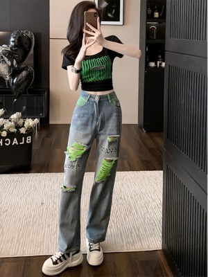 潮牌炸街休闲套装女夏新款夏季修身短袖t恤时髦破洞牛仔裤两件套