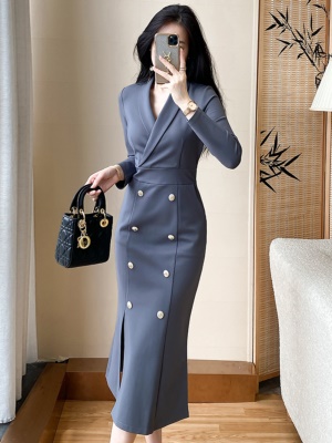 灰色通勤OL连衣裙女春季高端轻奢气质职业女神范收腰显瘦包臀长裙