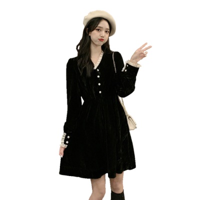 春秋女装新款秋冬礼服年会赫本风气质打底黑色金丝绒连衣裙小个子