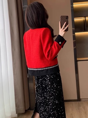 小香风红色毛呢外套女秋冬高端羽绒服加厚高级感喜庆过年短款上衣