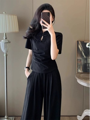 新中式国风休闲运动套装女夏季2025新款修身旗袍上衣阔腿裤两件套