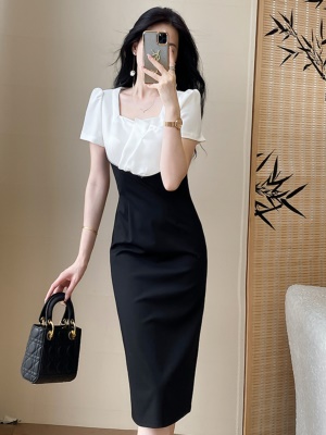 2025新款女夏季职业显瘦连衣裙拼接修身收腰气质通勤礼服高端裙子