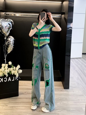 多巴胺休闲时尚套装女夏季新款针织条纹短袖上衣阔腿牛仔裤两件套