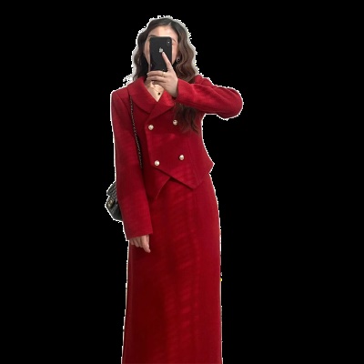 秋冬小香风红色套装裙女2025年冬季新款毛呢气质名媛两件套高级感