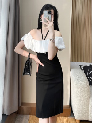 法式复古赫本风高腰显瘦一字领挂脖连衣裙子女夏气质高级感晚礼服