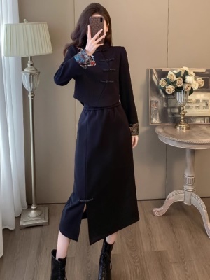 新中式国风女装黑色改良旗袍龙年高级感气质半身裙两件套装春秋季