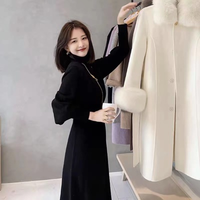 2025秋冬新款毛衣长裙子打底内搭配大衣半高领法式针织连衣裙子女
