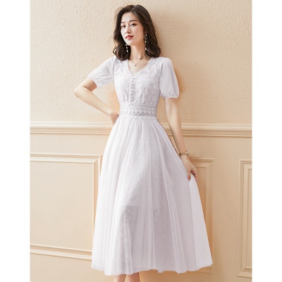 法式网纱连衣裙女2025年夏季新款高端超仙气质收腰显瘦雪纺长裙子