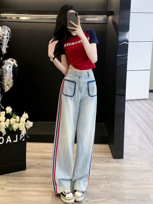 多巴胺休闲运动套装女夏季高端炸街减龄时尚T恤牛仔阔腿裤两件套