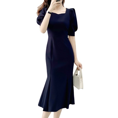 连衣裙夏收腰显瘦泡泡袖鱼尾裙礼服裙轻奢小众高端中长款过膝长裙