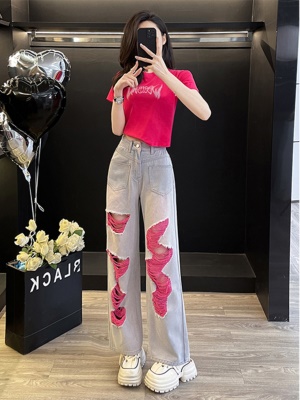 多巴胺活力休闲套装女夏炸街洋气短T恤牛仔阔腿裤时尚穿搭两件套