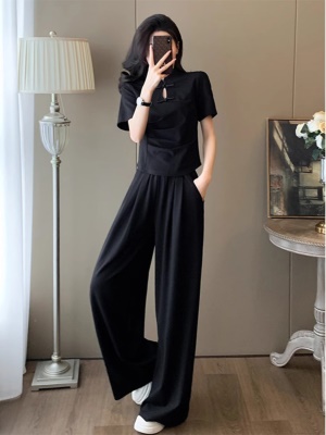 新中式国风休闲运动套装女夏季2025新款修身旗袍上衣阔腿裤两件套