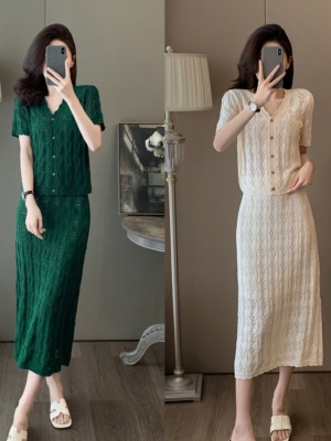 棉花式钩花针织背心套装半身裙装女夏季高级感今年流行漂亮两件套