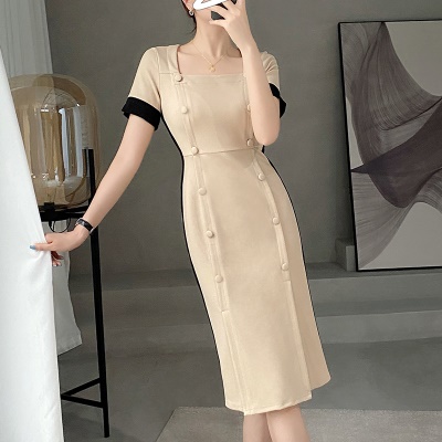 职业连衣裙女2025年夏季女士修身双排扣撞色知性包臀裙白领工作裙