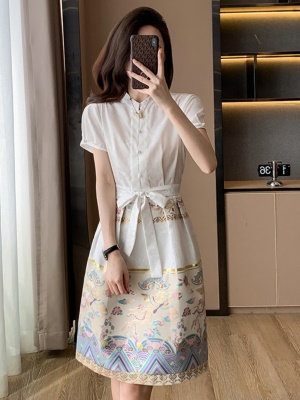 新中式国风白色衬衫连衣裙夏季新款女装高级感气质汉服旗袍马面裙