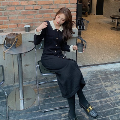 圣诞红色气质修身内搭打底毛衣针织连衣裙秋冬新款新年配大衣长裙