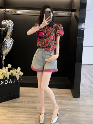 多巴胺休闲运动套装女夏季减龄时尚时髦洋气质衬衫牛仔短裤两件套