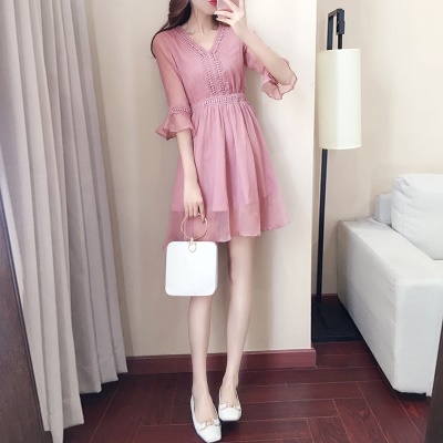 法式小个子雪纺连衣裙气质女神范女夏天很仙女裙V领粉色中袖裙子