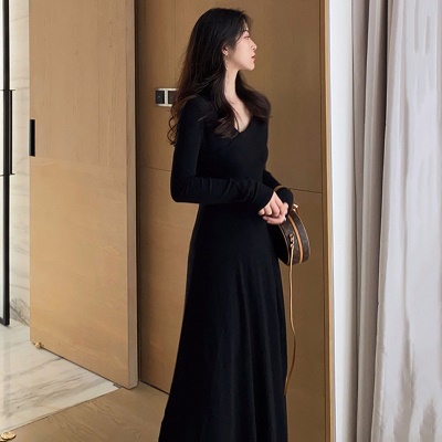 法式长袖红色针织打底裙收腰显瘦气质秋季连衣裙子女秋冬礼服长裙