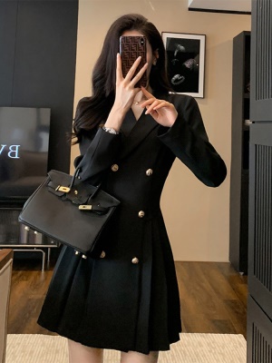 黑色西装连衣裙子双排扣职业西服长袖女春高级感气质赫本风小黑裙