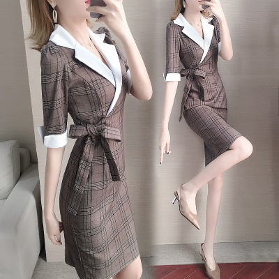 2025年夏季新款女职业西装格子淑女连衣裙修身气质女神范一步裙夏
