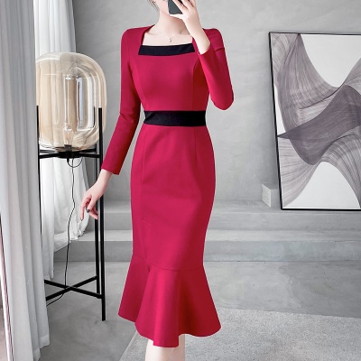 秋冬高级感红色连衣裙修身显瘦鱼尾裙气质名媛宴会晚礼服平时可穿